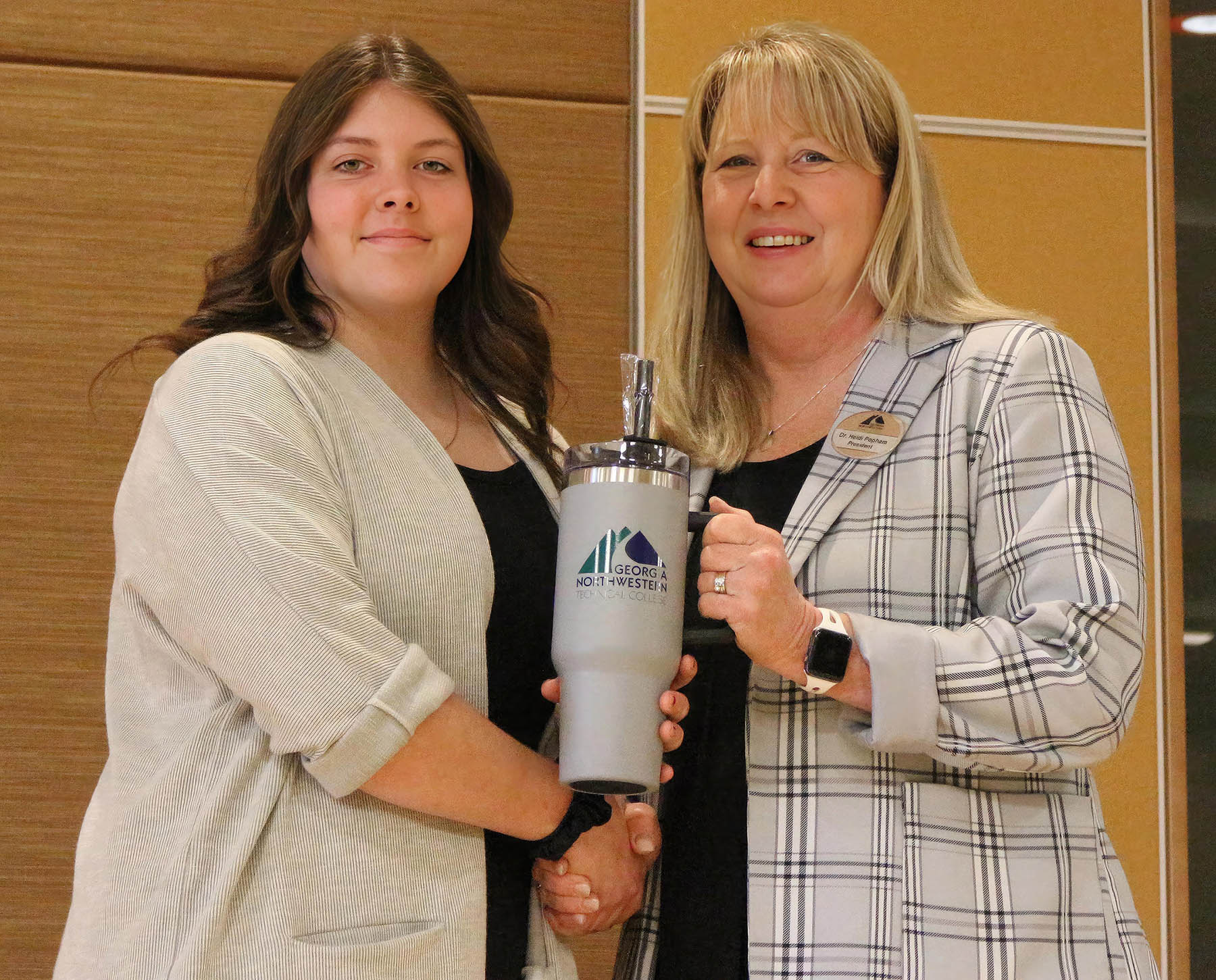 (From left) GNTC student Cayla Pemberton, GNTC’s Georgia Occupational Award of Leadership (GOAL) winner for 2023,  and Dr. Heidi Popham, GNTC president.