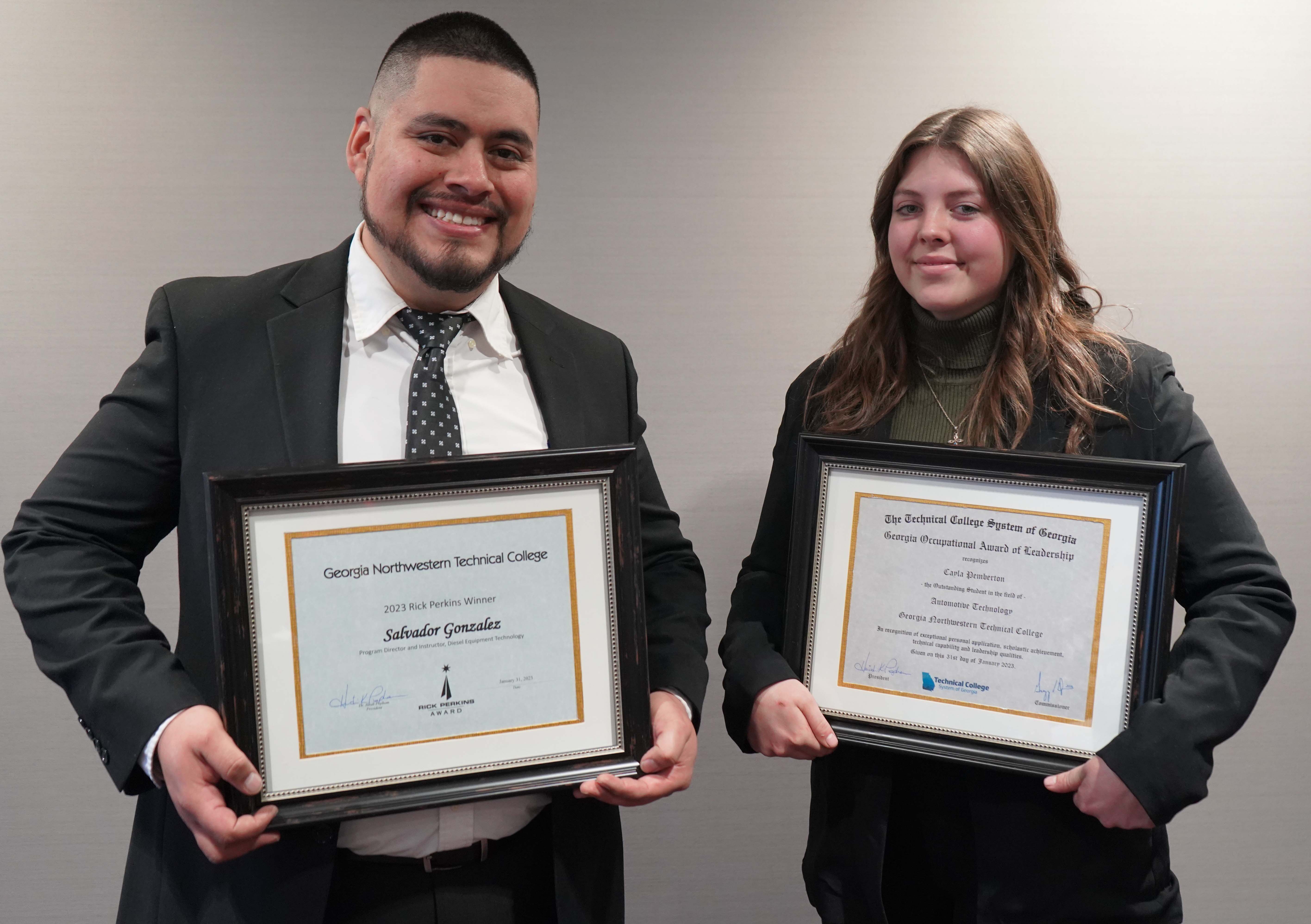 Salvador Gonzalez (left) is the winner of GNTC’s 2023 Rick Perkins Award, and Cayla Pemberton is the winner of GNTC’s 2023 GOAL Award. 