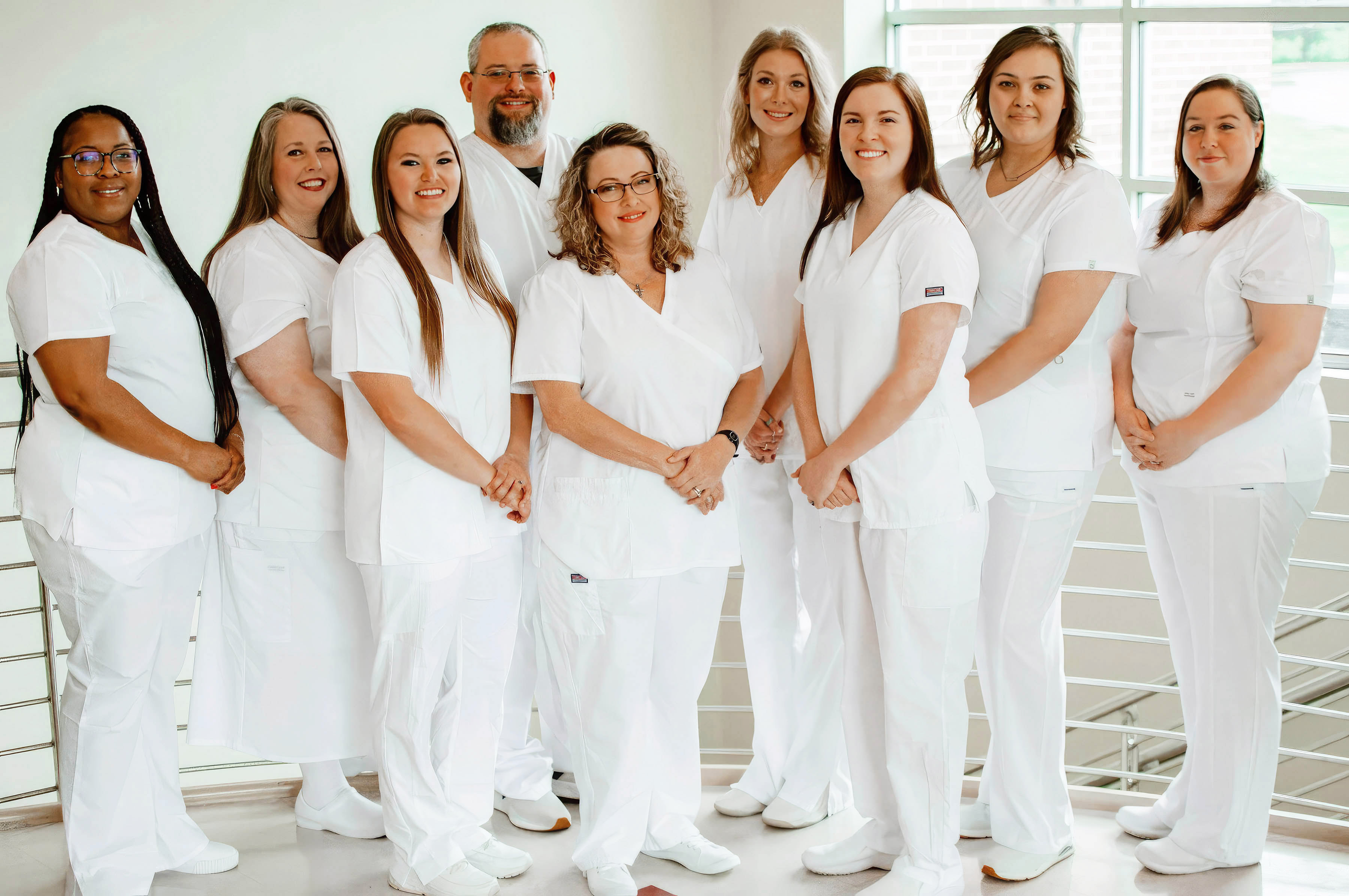 GNTC Associate of Science in Nursing graduates (from left) Relicia Garrett, Tria Staley, Jordan Hughes, Jason Harrod, Andrea Ice, Lauryn Baxter, Haley Wilson, Courtney Velasquez and Mary Morter passed the NCLEX-RN exam on their first attempt. They graduated on May 4, 2023.