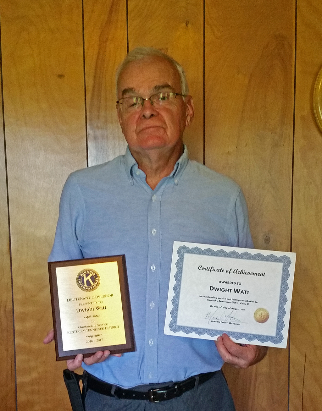 Dr. Dwight Watt shortly after receiving his awards for achievement for work with the Kentucky-Tennessee Regional Kiwanis Club Conference. The annual event was held for the 99th time this past summer. Louisville, Kentucky serves at the host site.